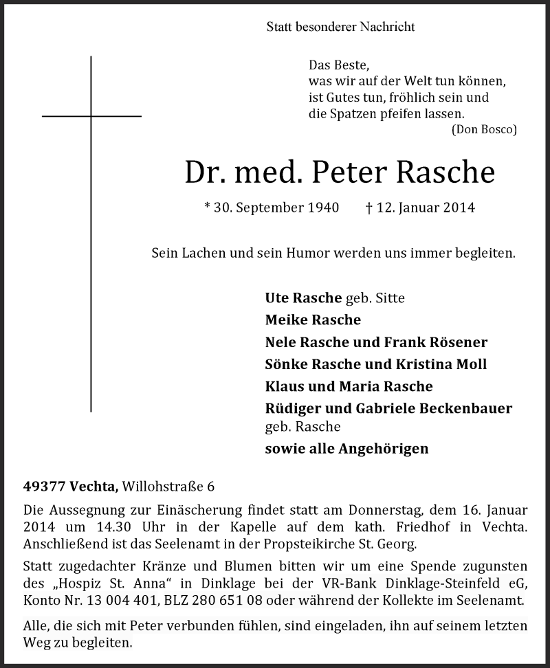  Traueranzeige für Dr. med. Peter Rasche vom 14.01.2014 aus Oldenburgische Volkszeitung